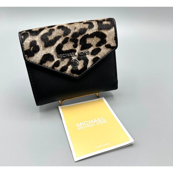 Michael Kors Jet Set Charm Black Leather and Leopard Print Calf Hair Wallet NEW - Picture 1 of 15
